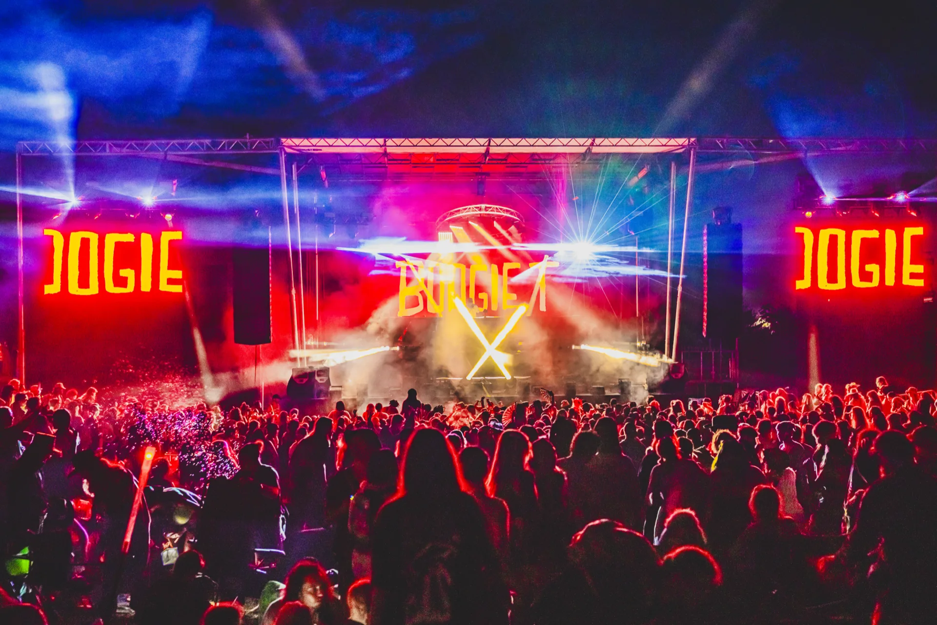 The main stage at Sound Haven, lit up over a full crowd